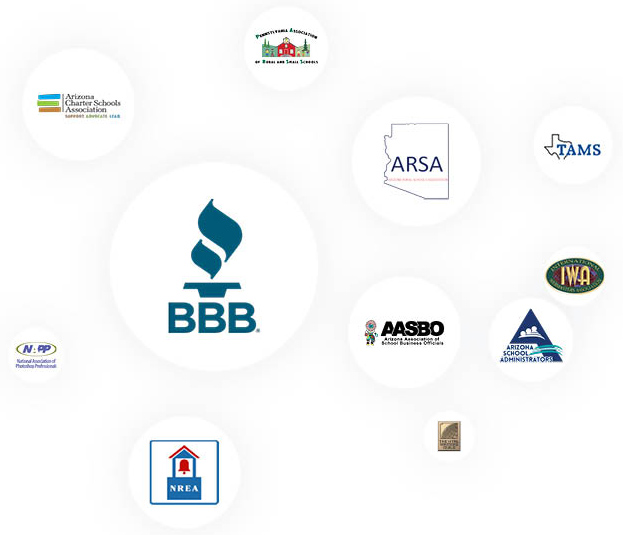 partner logos - AZ Charter Schools Association, PARSS, BBB, ARSA, TAMS, NAPP, AASBO, IWA, AZSA, NREA