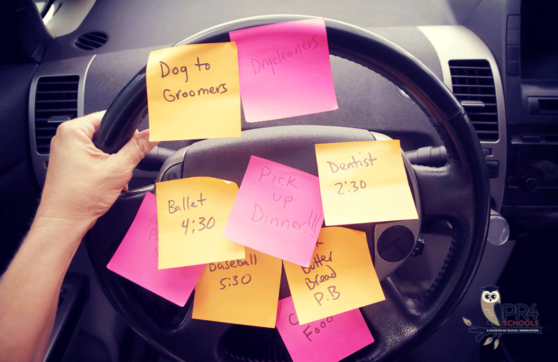 Sticky notes on a car steering wheel