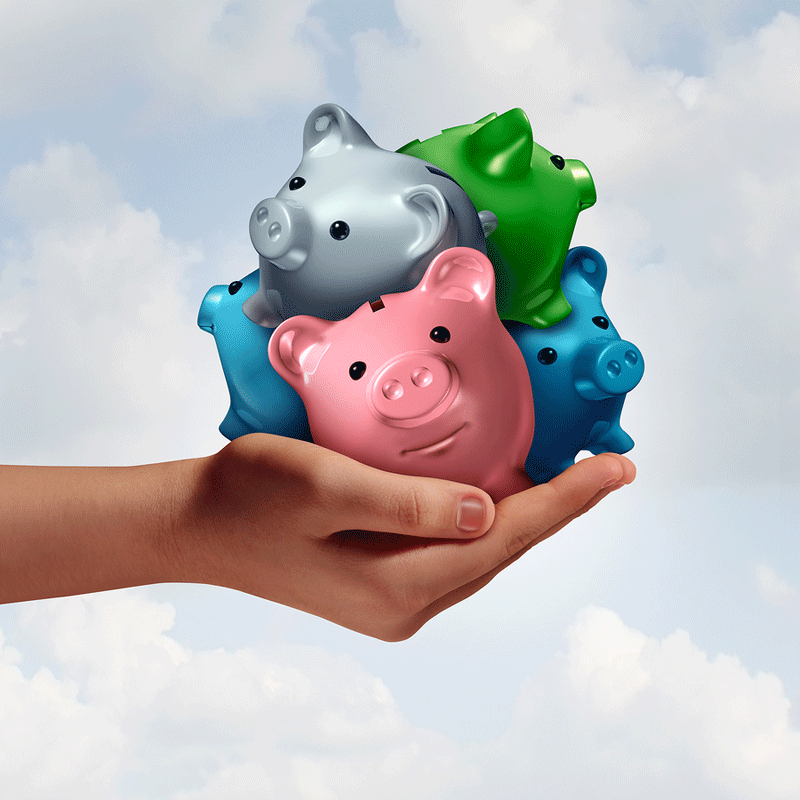 Handful of colorful piggy banks representing website budgets