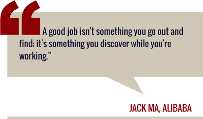 Graphic quote: A good job isn't something you go out and find; it's something you discover while you're working. Jack Ma, Alibaba